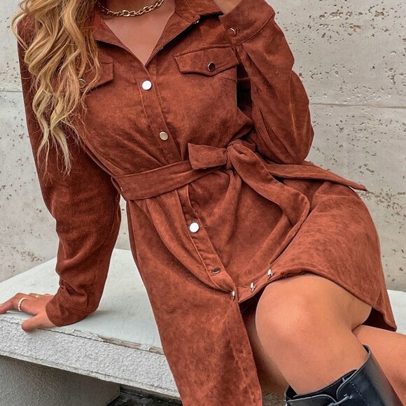 Rust Brown Casual Womens Corduroy Solid Belted Shirt Dress - Picture 3 of 6